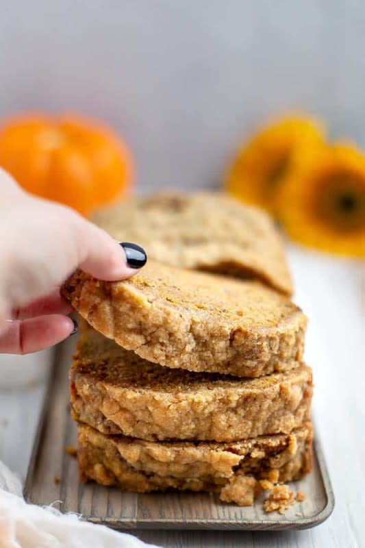 <p>The Travel Palate</p><p>Banana pumpkin bread is easy and moist and doesn’t require a mixer! Just whip this quick bread up in one bowl and top with a yummy streusel cinnamon topping! It makes a great breakfast or snack! </p><p><strong>Get the recipe: <em><a href="https://www.thetravelpalate.com/banana-pumpkin-streusel-quick-bread/" rel="nofollow noopener" target="_blank" data-ylk="slk:Banana Pumpkin Bread with Streusel Topping;elm:context_link;itc:0;sec:content-canvas" class="link ">Banana Pumpkin Bread with Streusel Topping</a></em></strong></p>