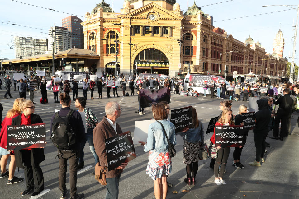 Vegan protesters have stopped traffic in Melbourne’s CBD. Source: AAP