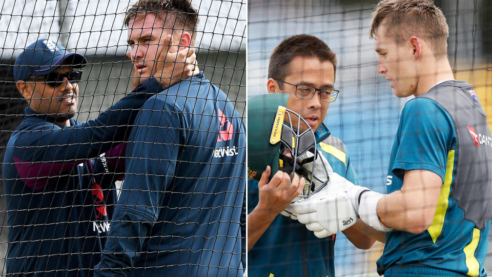 Jason Roy and Marnus Labuschagne, pictured here after being struck in the nets. Image: Getty