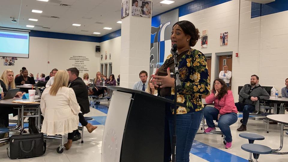 Tina Pool tells the Rutherford County Board of Education she'd like to see principals reduce the out-of-school suspensions to keep students in the classrooms during a Monday (April 18, 2022) town hall at La Vergne High School.