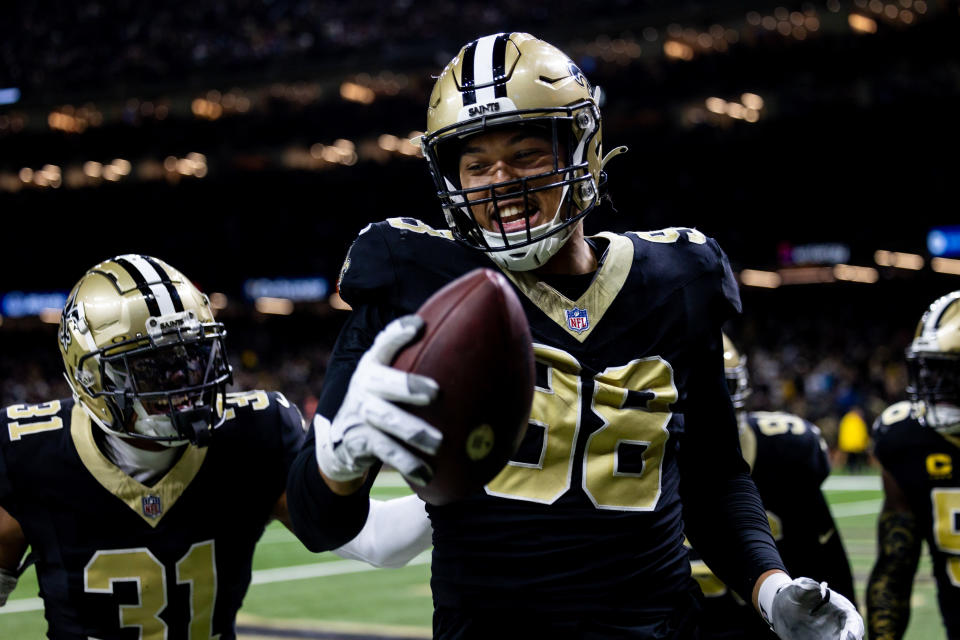 Jan 7, 2024; New Orleans, Louisiana, USA; New Orleans Saints defensive end Payton Turner (98) reacts to recovering a fumble against the Atlanta Falcons during the second half at Caesars Superdome. Mandatory Credit: Stephen Lew-USA TODAY Sports