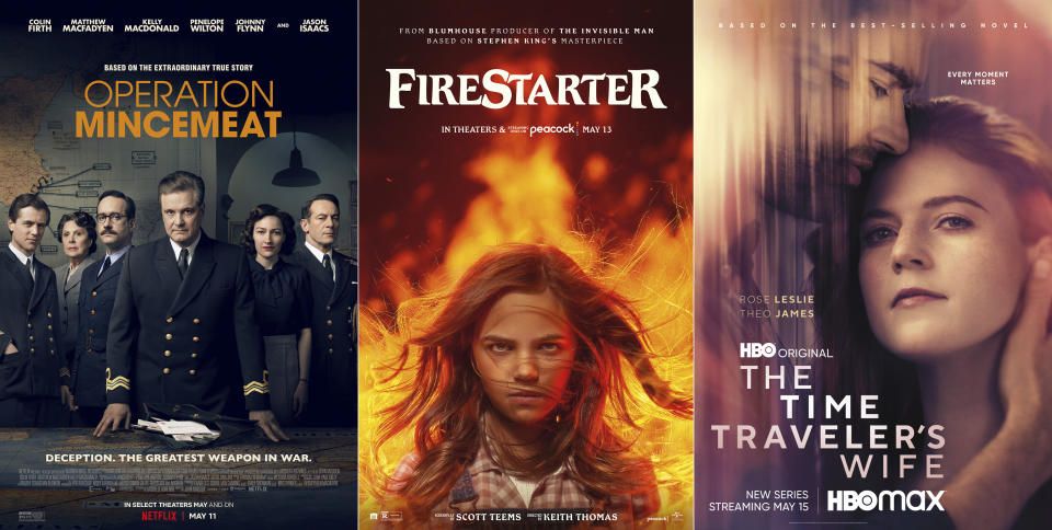 This combination of photos shows promotional art for "Operation Mincemeat," a film premiering May 11 on Netflix, left, "Firestarter," a film premiering in theaters and on Peacock on May 13, and "The Time Traveler's Wife," a series premiering Sunday, May 15 on HBO Max. (Netflix/Peacock/HBOMax via AP)