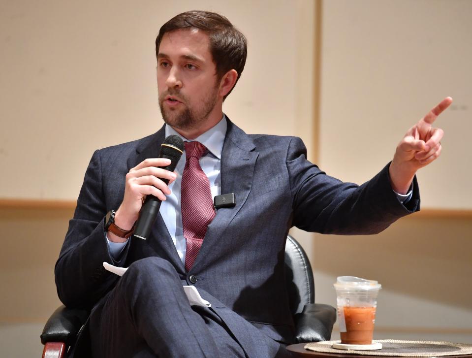 Recently appointed trustee of New College of Florida,  Christopher Rufo, speaks to faculty and staff during a meeting on campus Wednesday morning.