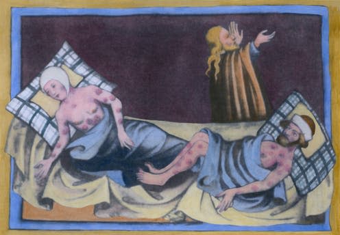 <span class="caption">A 1411 depiction of a man and woman suffering with bubonic plague, or "Black Death". </span> <span class="attribution"><a class="link " href="https://www.shutterstock.com/image-illustration/man-women-bubonic-plague-characteristic-buboes-237231865" rel="nofollow noopener" target="_blank" data-ylk="slk:Everett Historical/ Shutterstock;elm:context_link;itc:0;sec:content-canvas">Everett Historical/ Shutterstock</a></span>