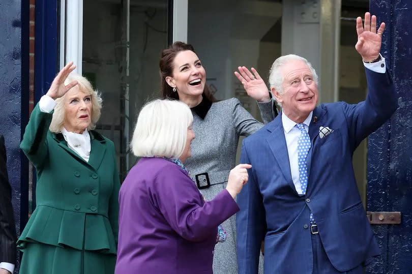 King Charles, Queen Camilla, and the Princess of Wales, Kate Middleton share a close bond during their visit to The Prince's Foundation training site for arts and culture with Prince Charles, Prince of Wales and Camilla, Duchess of Cornwall at Trinity Buoy Wharf on February 3, 2022 in London, England.