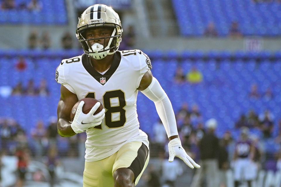 Aug 14, 2021; Baltimore, Maryland, USA; New Orleans Saints wide receiver Easop Winston (18) runs after the catch before the game against the Baltimore Ravens at M&T Bank Stadium. Mandatory Credit: Tommy Gilligan-USA TODAY Sports