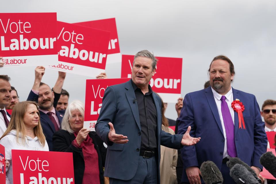 Labour leader Sir Keir Starmer with Councillor Vince Maple as he joins party members in Chatham, Kent, where Labour has taken overall control of Medway Council for the first time since 1998 after winning 30 of its 59 seats in the local elections. Picture date: Friday May 5, 2023.