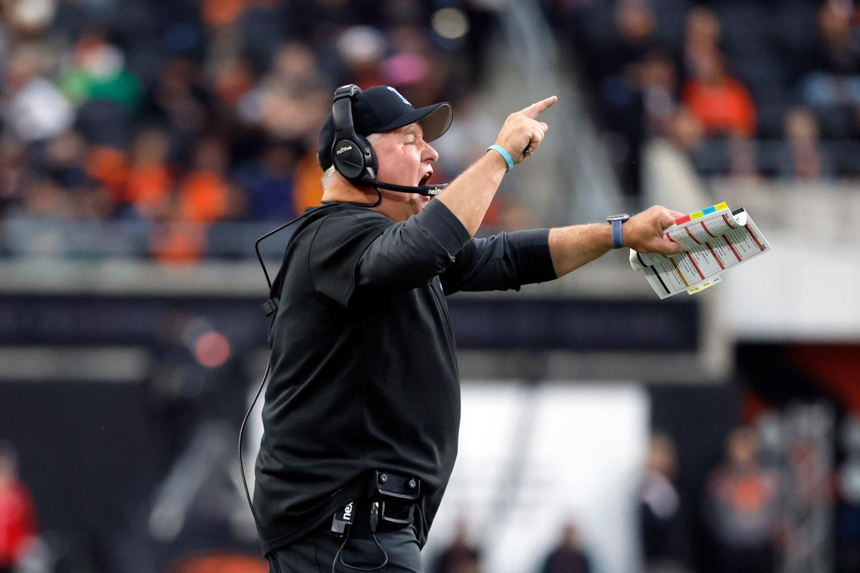 Oct 14, 2023; Corvallis, Oregon, USA; UCLA Bruins head coach Chip Kelly reacts on the sidelines during the first half against the Oregon State Beavers at Reser Stadium. Mandatory Credit: Soobum Im-USA TODAY Sports