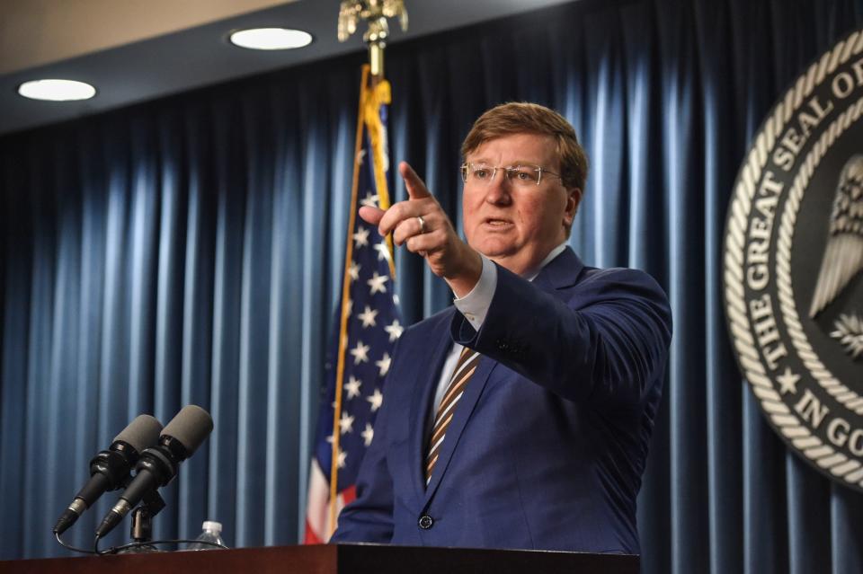 Mississippi Gov. Tate Reeves speaks at a press conference regarding the Rental Assistance for Mississippians Program (RAMP) established during the COVID-19 pandemic in Jackson, Miss., Wednesday, Aug. 3, 2022.