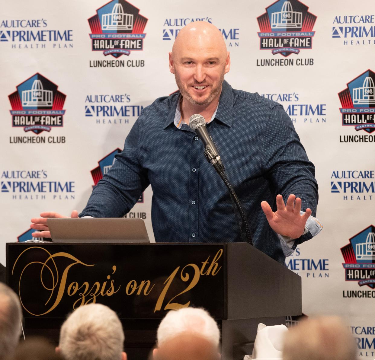 Jensen Lewis speaks to the Pro Football Hall of Fame Luncheon Club at Tozzi's on 12th, Monday, March 27, 2023, in Canton.