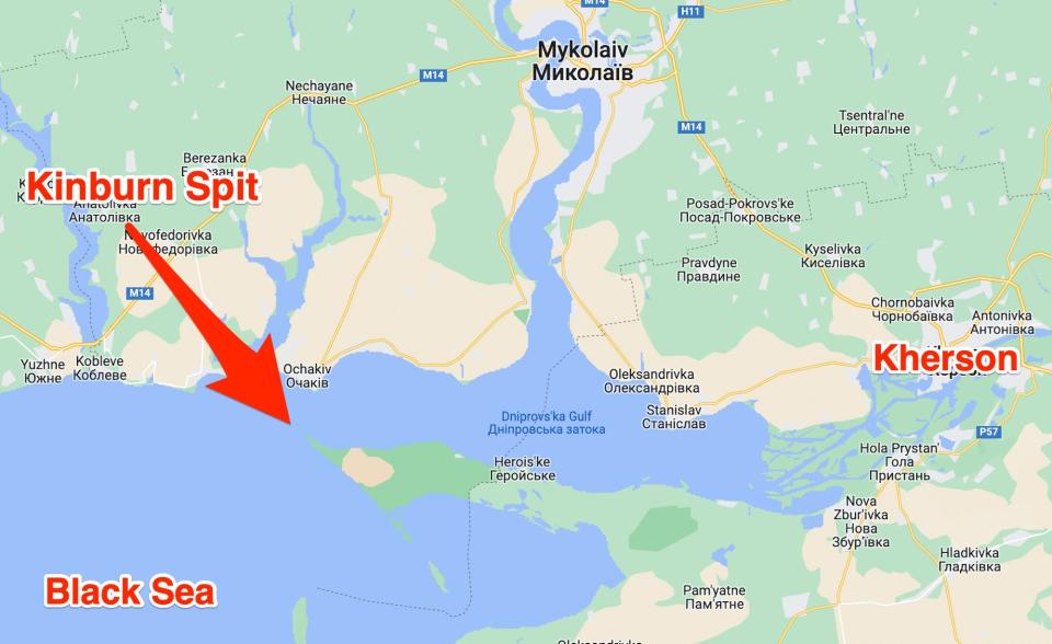 A map showing where the Kinburn spit is in relation to the Black Sea and the city of Kherson.