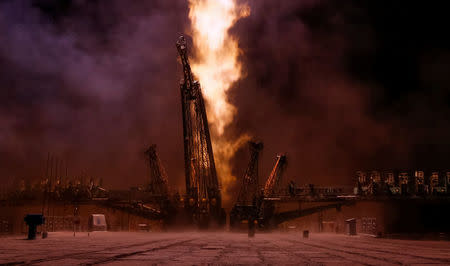 The Soyuz MS-06 spacecraft carrying the crew of Joe Acaba and Mark Vande Hei of the U.S., and Alexander Misurkin of Russia blasts off to the International Space Station (ISS) from the launchpad at the Baikonur Cosmodrome, Kazakhstan September 13, 2017. REUTERS/Shamil Zhumatov