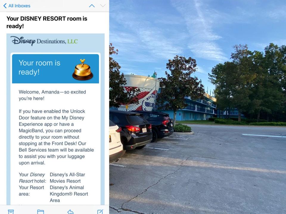 A hotel check-in screenshot and a view of Disney's All-Star Movies Resort parking lot.