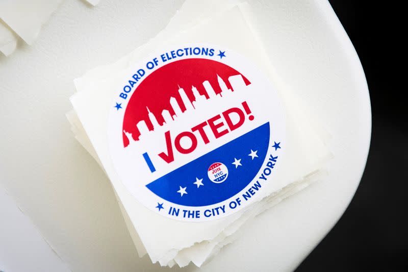 "I Voted!" stickers are stacked for distribution during New York's primary election at a polling station in Brooklyn, New York