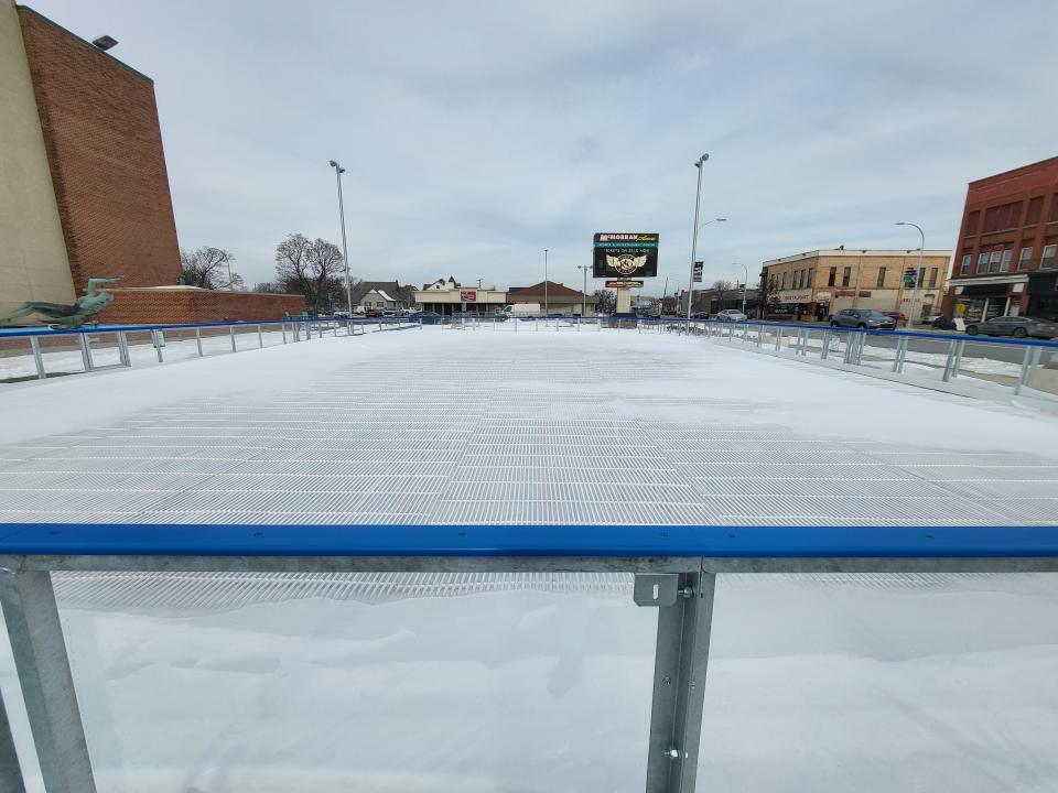 A small ice rink is partly installed at McMorran Plaza on Wednesday, Dec. 28, 2022, in downtown Port Huron.