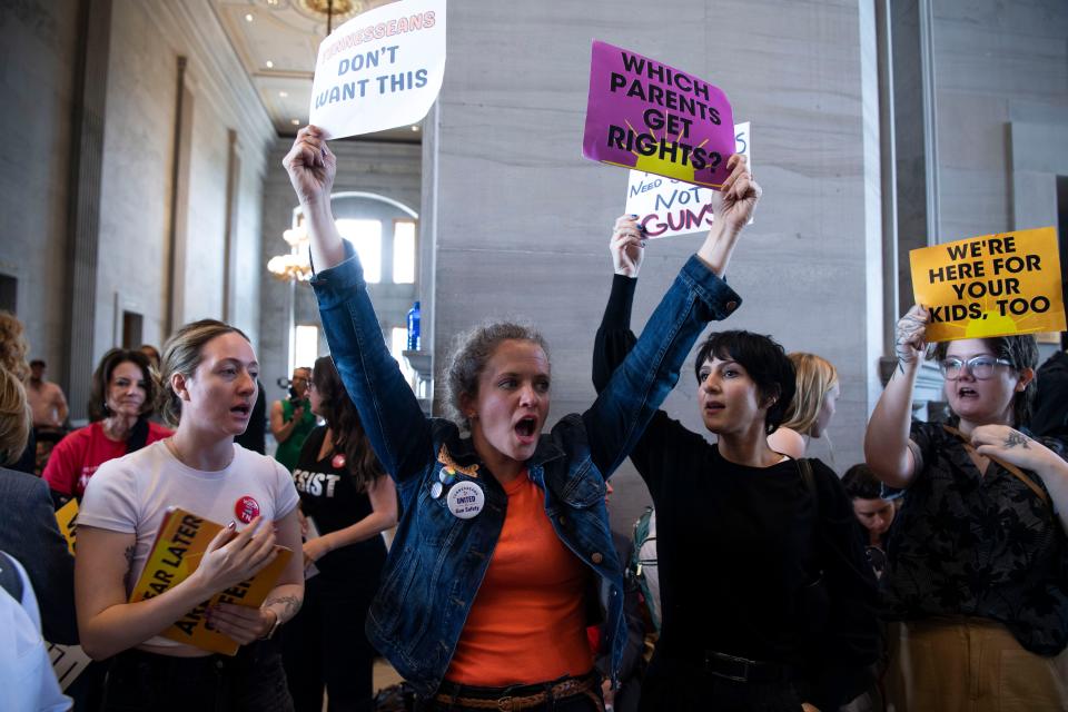 Protesters react after HB 1202 passes in the House during session at Tennessee Capitol in Nashville , Tenn., Tuesday, April 23, 2024.