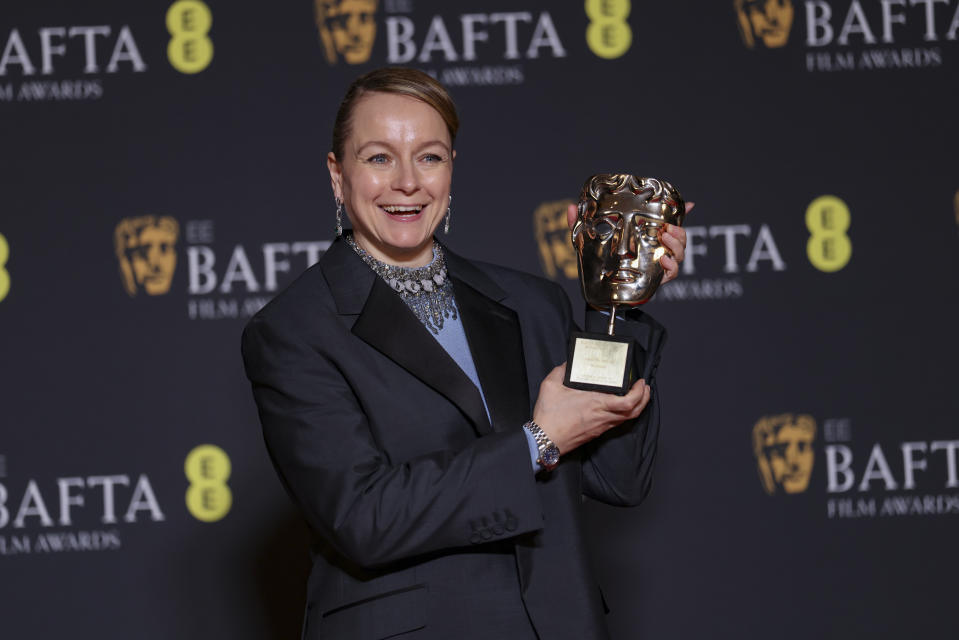 Samantha Morton, winner of the BAFTA fellowship award, poses for photographers at the 77th British Academy Film Awards, BAFTA's, in London, Sunday, Feb. 18, 2024. (Photo by Vianney Le Caer/Invision/AP)