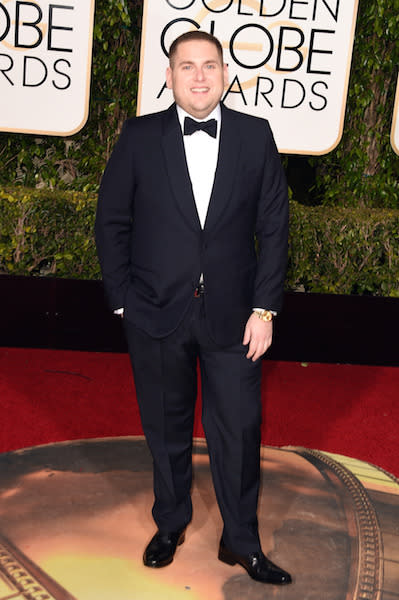 Jonah Hill in black and white at the 73rd Golden Globe Awards.