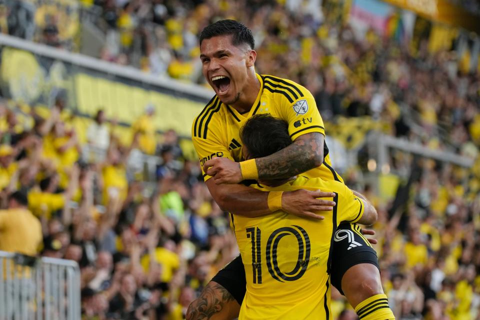 Jul 6, 2024; Columbus, OH, USA; Columbus Crew forward Cucho Hernandez (9) celebrates scoring a goal with forward Diego Rossi (10) during the first half of the MLS soccer match against Toronto FC at Lower.com Field.