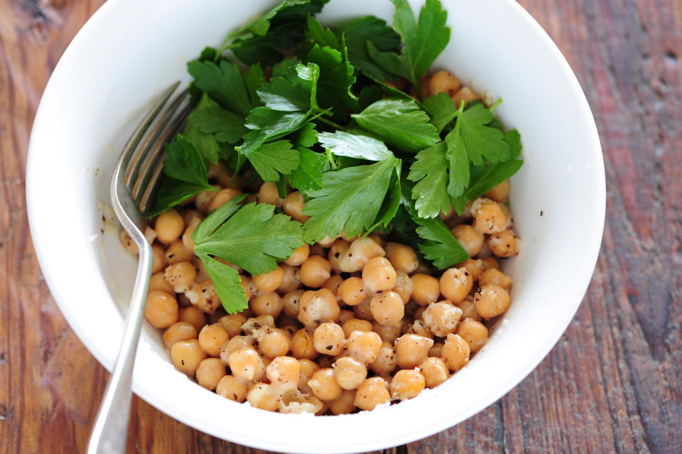 Chickpeas are a great option for plant protein and fiber. They <a href="http://ndb.nal.usda.gov/ndb/foods/show/4672?fg=&man=&lfacet=&format=&count=&max=25&offset=&sort=&qlookup=chickpeas" target="_hplink">also contain</a> magnesium, manganese, iron, and folate. Hummus, which is made from chickpeas, is delicious with crackers or veggies as an afternoon snack.