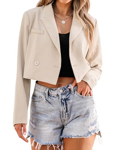 luvamia Womens Fashion Lapel Cropped Blazers for Women Business Casual Open Front Beige Womens Blazers Crop Jacket Business Casual Outfits for Women Size Large Fits Size 12 / Size 14