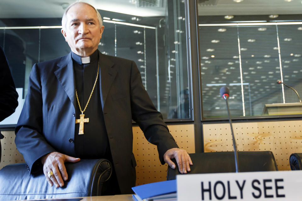 FILE - In this Monday, May 5, 2014, file photo, the Vatican's United Nations ambassador in Geneva, Archbishop Silvano M. Tomasi, arrives prior to the U.N. torture committee hearing on the Vatican, at the headquarters of the office of the High Commissioner for Human Rights (OHCHR) in the Palais Wilson, in Geneva. Tomasi revealed comprehensive statistics for the first time Tuesday on how the Vatican has disciplined priests accused of raping and molesting children, saying 848 priests have been defrocked and another 2,572 given lesser sanctions over the past decade. (AP Photo/Keystone, Salvatore Di Nolfi, File)