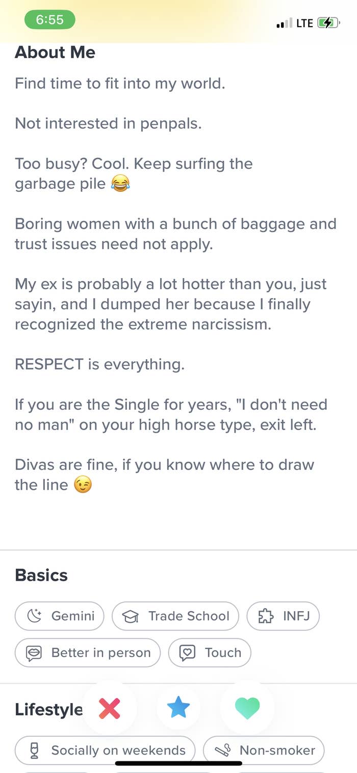 A man's "about me" section includes gems like "too busy? Cool, keep surfing the garbage pile" and "my ex was hotter than you, and I dumped her because I recognized her narcissism"
