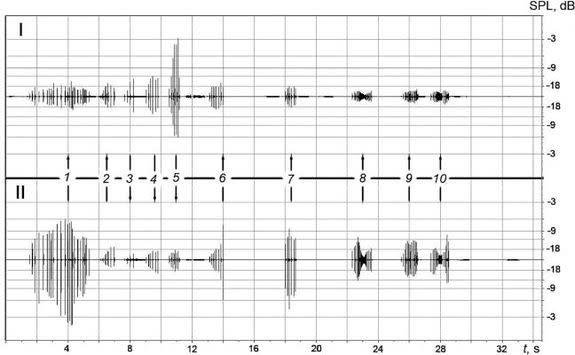 Example of the recordings displaying the sequence of the non-coherent pulse packs produced by Yana (down arrows) and Yasha (up arrows). The numbering of the packs corresponds to their sequence; I and II are the numbers of the recording channels.