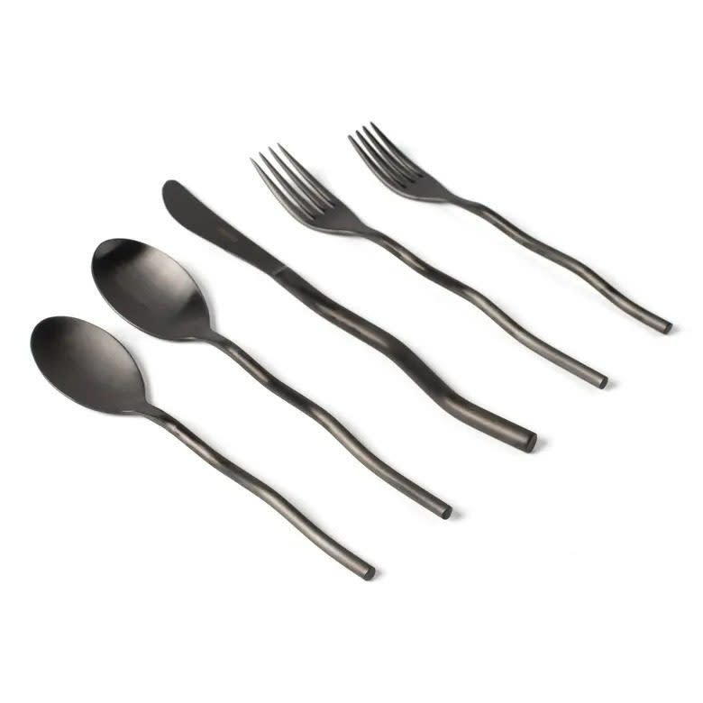Five black utensils with squiggle handles