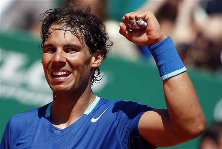 Rafael Nadal of Spain reacts after defeating Andreas Seppi of Italy during the Monte Carlo Masters in Monaco April 17, 2014. REUTERS/Eric Gaillard