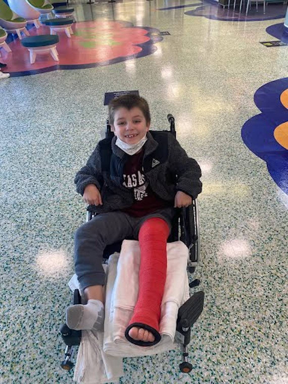 Micah Reed, 8, broke his leg at a North Texas trampoline park. He was in a full leg cast and temporarily confined to a wheelchair.