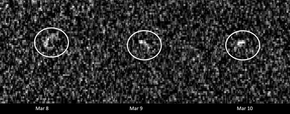 Three grainy images are black and white and have a bright section each. Those sections are circled because that indicates Apophis.