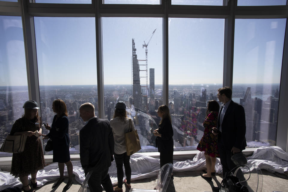 The Steinway Tower is seen from an upper floor of the Central Park Tower, Tuesday, Sept. 17, 2019. At 1550 feet (472 meters) the Central Park Tower is the world's tallest residential apartment building, according to the developer, Extell Development Co. The Steinway Tower will be approximately 100 feet shorter. (AP Photo/Mark Lennihan)