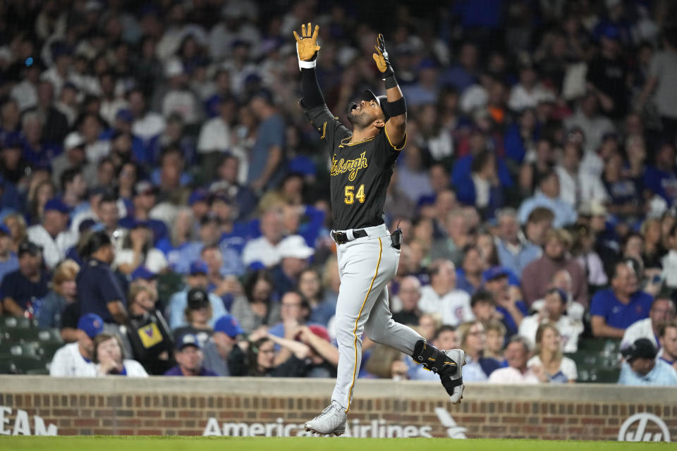 Pittsburgh Pirates' Joshua Palacios celebrates his three-run home run off Chicago Cubs relief pitcher Jose Cuas during the fourth inning of a baseball game Wednesday, Sept. 20, 2023, in Chicago. (AP Photo/Charles Rex Arbogast)