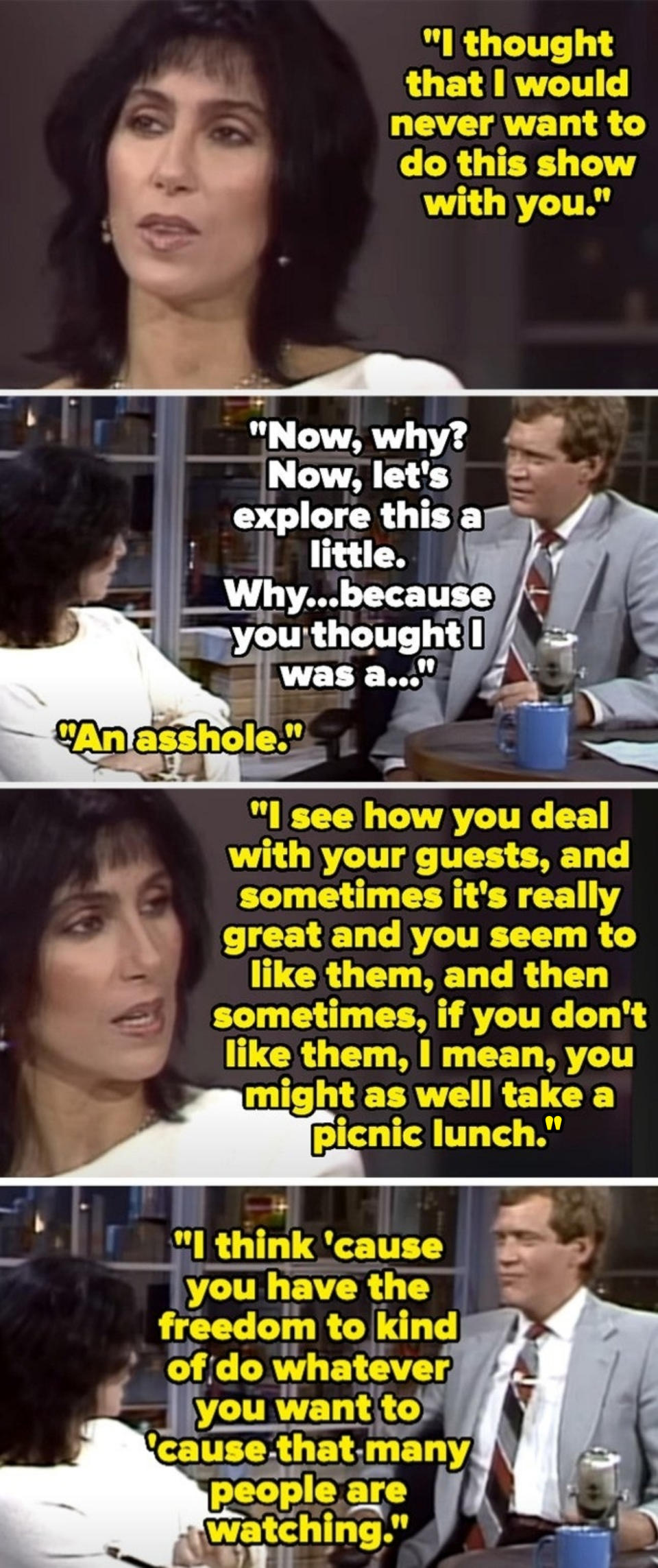 Cher in an interview with David Letterman. Cher says she thought she'd never do the show, referring to Letterman as "an asshole," and explains her comment