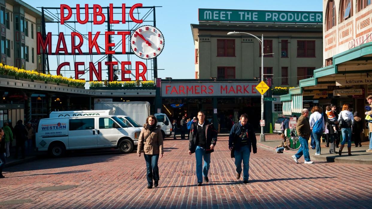 City, City Life, Downtown District, Famous Place, Group Of People, Market, Morning, Pedestrian, Pike Place Market, Seattle, Sign, USA, Urban Scene, Walking, Washington State, people