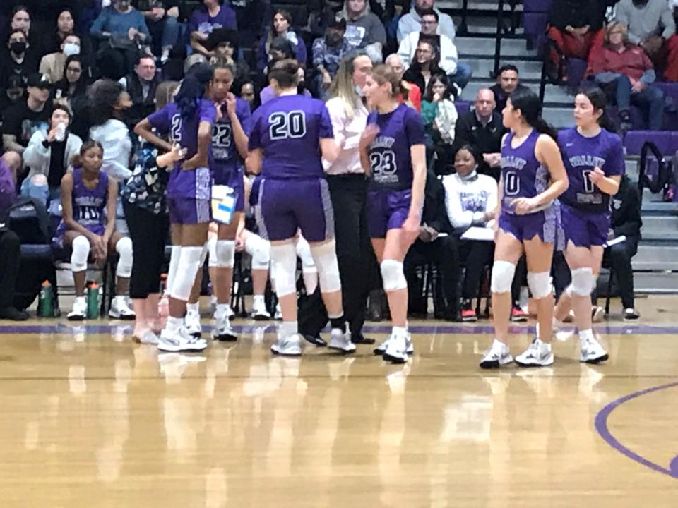 Jan. 4, 2022; Valley Vista girls girls basketball team returns from their bench to the court after a timeout in the Monsoon's game at Millennium High School in Goodyear, Ariz.