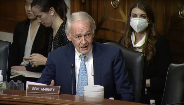 PHOTO: Senator Ed Markey questions Norfolk Southern Chief Executive Office Alan Shaw during a testimony on the East Palestine, Ohio train derailment before a U.S. Senate Environment and Public Works Committee hearing, in Washington, March 9, 2023. (ABC News)