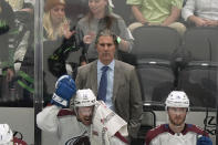 Colorado Avalanche head coach Jared Bednar, center standing, Brandon Duhaime (12) and Chris Wagner (14) watch play in the third period in Game 2 of an NHL hockey Stanley Cup second-round playoff series against the Dallas Stars in Dallas, Tuesday, May 7, 2024. (AP Photo/LM Otero)