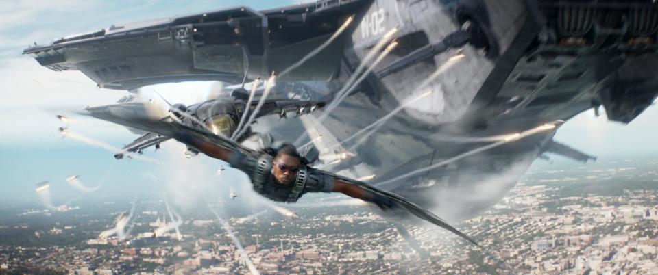 This image released by Marvel/Disney shows Anthony Mackie in a scene from the film, "Captain America: The Winter Soldier." The movie releases in theaters on Friday, April 4, 2014. (AP Photo/Marvel-Disney)