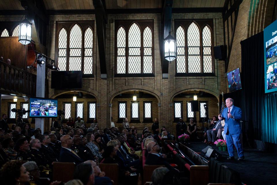 Detroit Mayor Mike Duggan speaks during the State of the City address at Dexter Avenue Baptist Church in Detroit on Wednesday, April 17, 2024.