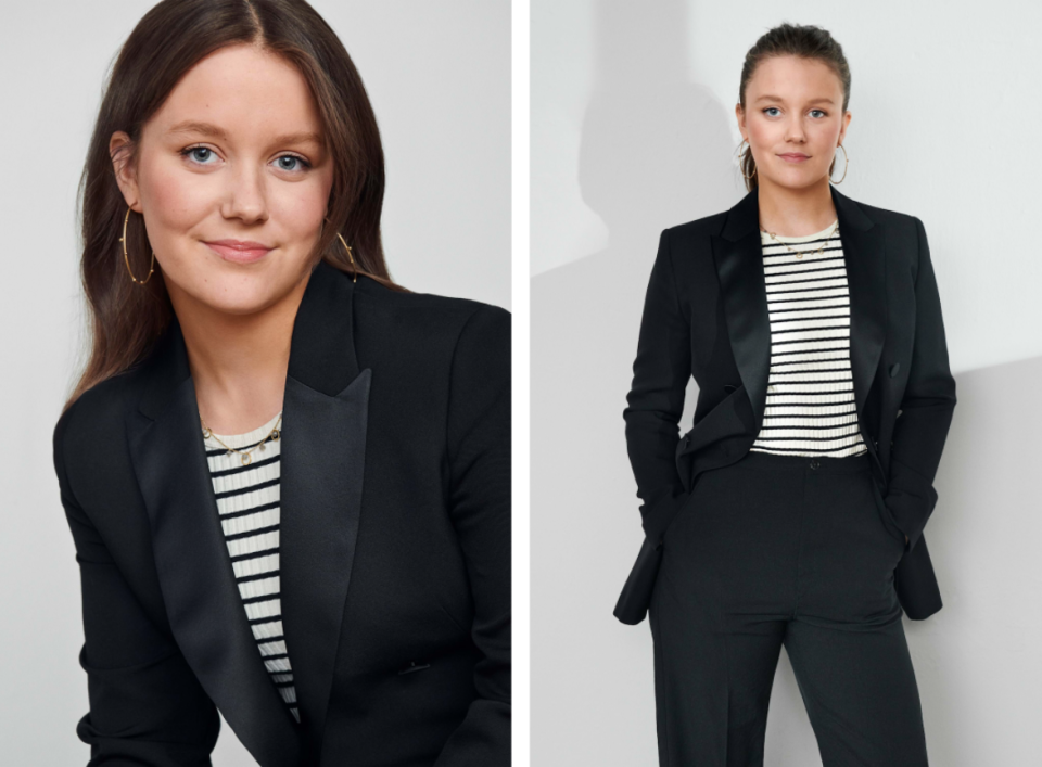 two portraits of Princess Isabella in a black pants suit