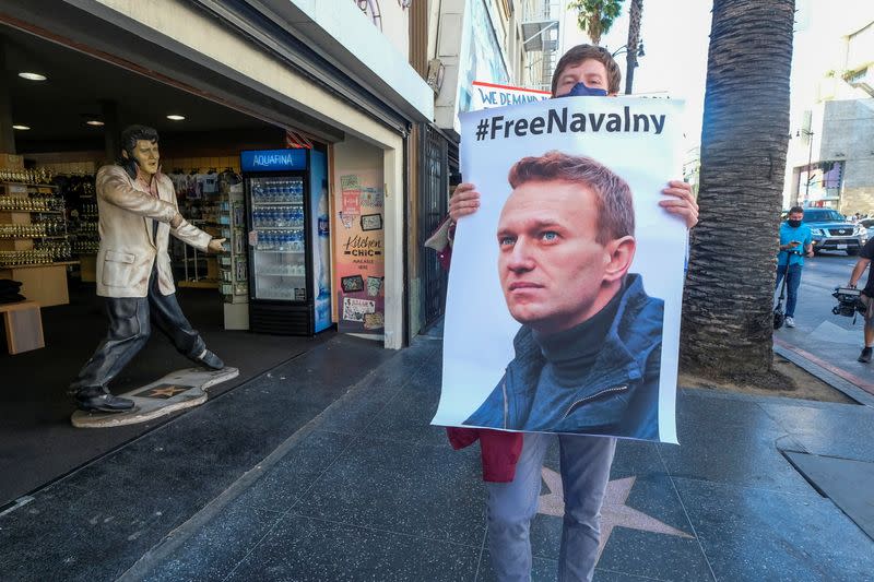 Protesters march in Hollywood during a demonstration in support of Russian opposition leader Alexei Navalny