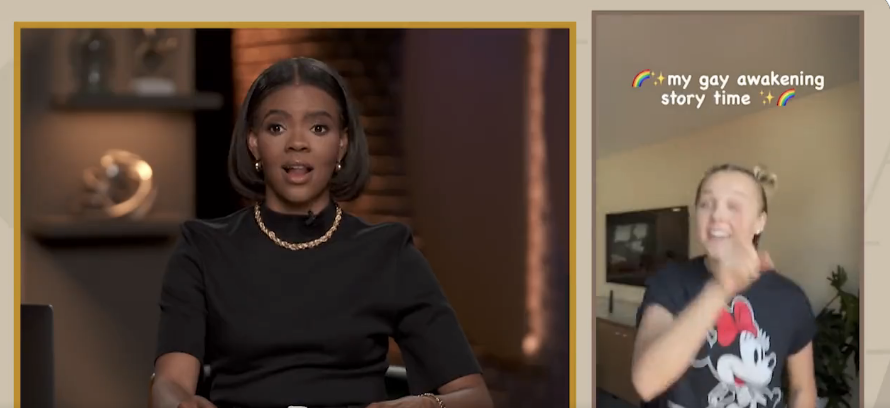 Split screen of Candace and then Jojo talking in her video