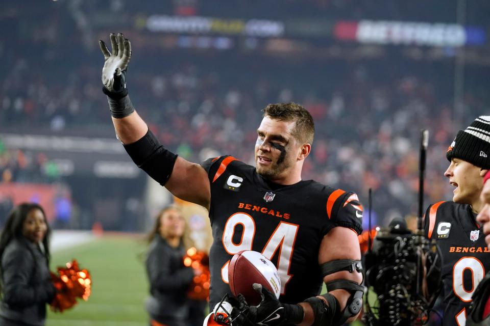 Sam Hubbard celebrates following the Bengals' wild-card playoff win over the Ravens.