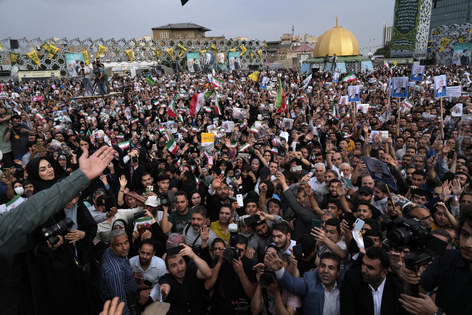 Supporters of Saeed Jalili, a candidate for the June 28, presidential election, attend his campaign rally in Tehran, Iran, Monday, June 24, 2024. (AP Photo/Vahid Salemi)