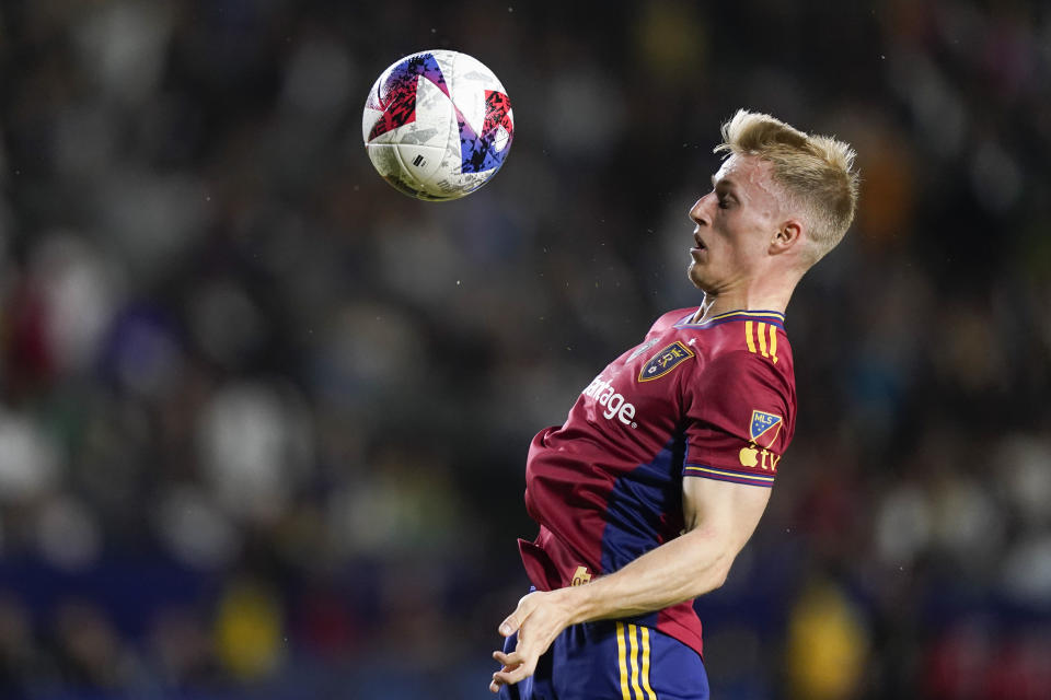Real Salt Lake defender Jasper Loeffelsend traps the ball during the second half of the team's MLS soccer match against LA Galaxy Saturday, Oct. 14, 2023, in Carson, Calif. (AP Photo/Ryan Sun)