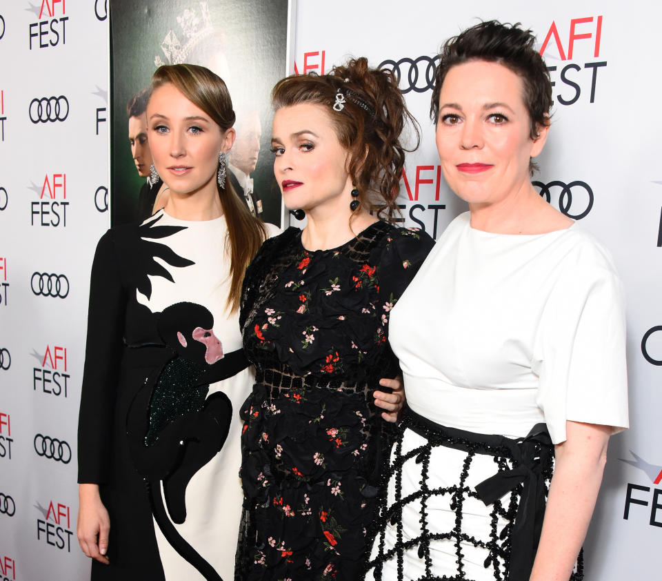 HOLLYWOOD, CALIFORNIA - NOVEMBER 16: (L-R) Erin Doherty, Helena Bonham Carter, and Olivia Colman attend AFI Fest: The Crown & Peter Morgan Tribute at TCL Chinese Theatre on November 16, 2019 in Hollywood, California. (Photo by Araya Diaz/Getty Images for Netflix)