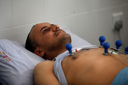 A patient undergoes an electrocardiography check-up at a charitable medical center which is offering free medical services to support those in need in Sanaa, Yemen February 26, 2018. Picture taken February 26, 2018. REUTERS/Khaled Abdullah