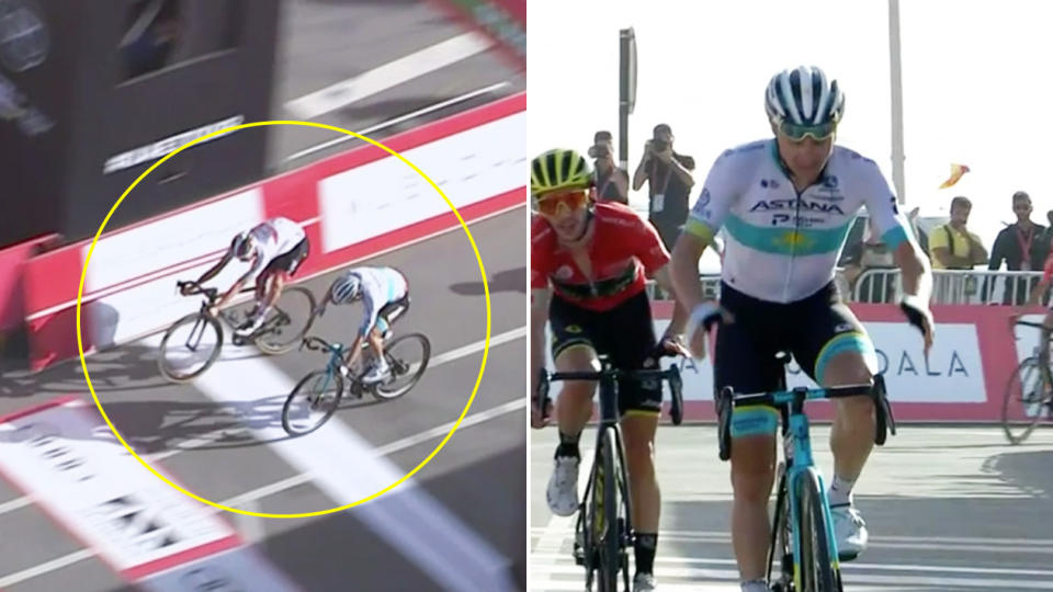 Tadej Pogacar jumps at the line with his bike to take victory from Astana's Alexey Lutsenko who is frustrated.